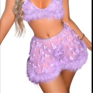 Kaei&Shi Fairy Skirt Lingerie, 3D Butterfly, Fuzzy Feather, Self-tie